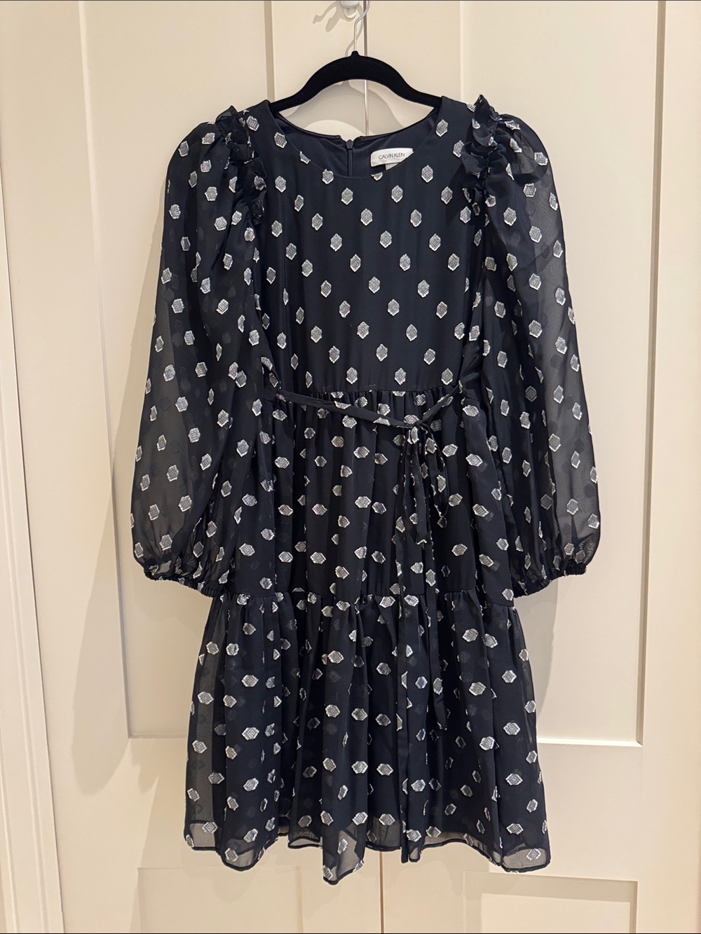 Calvin Klein Navy Long-Sleeve Lined Printed Tiered Dress with silver accent
